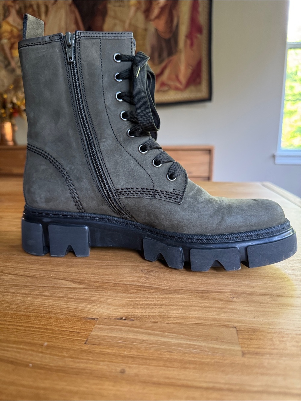 Gabor Olive Green Lace-Up Chunky Sole Ankle Boots